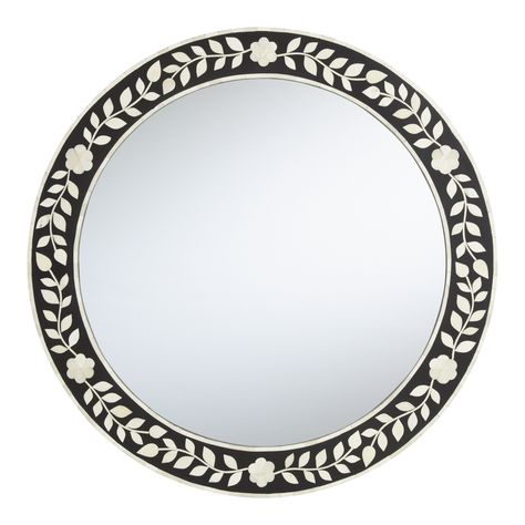 Round Black And White Floral Bone Inlay Wall Mirror - World Market Black And White Mirror, Inlay Mirror, Bone Inlay Mirror, Full Length Floor Mirror, Bone Inlay Furniture, Vanity Wall Mirror, Inlay Furniture, Circle Mirror, Black Backdrop