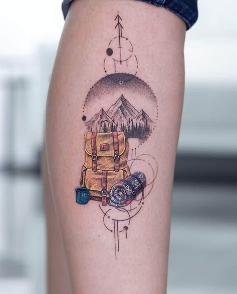 Alaska Tattoo Ideas Mountain, Camera Mountain Tattoo, Backpacker Tattoo Ideas, Backpack Tattoo Ideas, Backpacking Tattoo Ideas, Men’s Outdoor Tattoos, Backpack Tattoo Travel, Backpacker Tattoo, Backpacking Tattoo