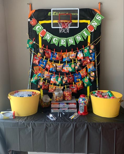 Sports Theme Sweets Table, Chip Stand Display, Concession Food Party, Sports Themed Candy Table, Sports Themed Birthday Party Ideas Food Concession Stands, Football And Basketball Theme Party, Sports Candy Table, Chip Bags For Party Display, Basketball Party Concession Stand