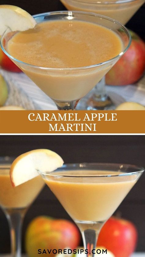 This Caramel Apple Martini combines all the fall flavors we adore - apples, caramel and spiced rum. It's a great fall cocktail, or holiday cocktail for a party. Carmel Apple Martinis, Carmel Apple Martini Recipe, Caramel Apple Martini Recipe, Carmel Apple Alcohol Drink, Carmel Apple Cocktails, Apple And Caramel, Apple Martini Recipe, Caramel Apple Martini, Apple Martini