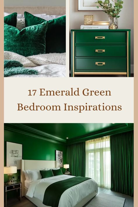 Looking to refresh your bedroom decor? Check out these 17 gorgeous emerald green bedroom ideas that bring elegance and a touch of nature indoors! From stunning emerald green nightstands to plush throw pillows and cozy blankets, you will find everything you need to create a serene retreat in your own home. Embrace this captivating jewel tone as the perfect accent to unique furniture and stylish decor elements that can transform any space. Let's make your bedroom a tranquil haven with these sparkling inspirations and see how humble shades of green can create bold statements! Emerald Green And Pink Bedroom, Emerald Green Room Ideas Bedroom, Emerald Green Bedroom Ideas, Cream Bed Frame, Green Bedroom Inspirations, Emerald Green Rooms, Emerald Green Bedroom, Green Room Ideas Bedroom, Emerald Green Bedrooms