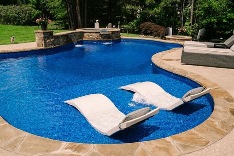 25 Pool Design Ideas You Must See Latham Pools, Pool With Tanning Ledge, Vinyl Pools Inground, Vinyl Swimming Pool, Latham Pool, Tanning Ledge Pool, Inground Pool Designs, Pool Tanning, Inground Pool Landscaping