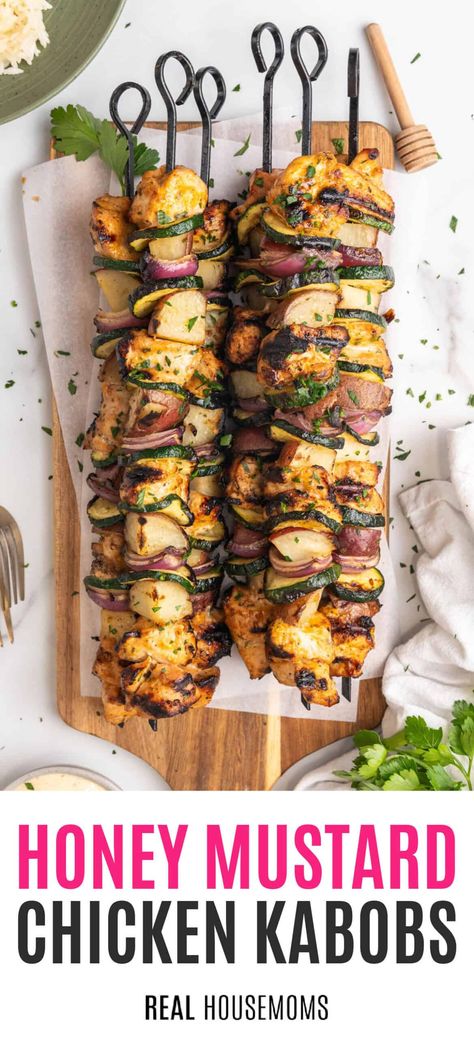 Sweet and tangy Honey Mustard Chicken Kabobs are bursting with flavor! These are the best chicken skewers EVER and are super easy to make! #Realhousemoms #honeymustard #chickenkabobs #kabobs #chickenskewers #grilling #bbq #potluck #summertime #chicken #veggies Kebob Recipes Chicken, Bbq Squers, Summertime Dinner Recipes, Chicken Kabobs On The Grill, Chicken Skewers Grilled, Bbq Chicken Skewers, Kabobs On The Grill, Turkey Entrees, Bbq Potluck