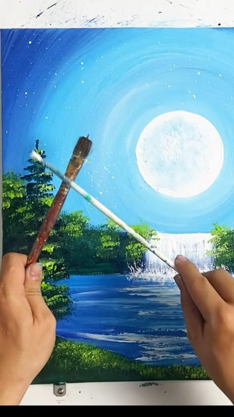 Moonlight Waterfall Scenery - Acrylic Painting for Beginners - Paint9 Art #acrylicpaintingworkshop forbeginners #acrylicpaintingtutorial #acrylicpaintingtechniques #acrylicpaintingportrait #acrylicpaintinggalaxy #acrylicpaintinglandscape Acrylic Paint On Canvas For Beginners, Scenery Painting Art, Outdoor Scenery Painting, Painting Related To Nature, Best Scenery Paintings, Sup And Paint Ideas, How To Paint Acrylic Landscapes, Fantasy Painting Tutorial, Large Painting Ideas Easy