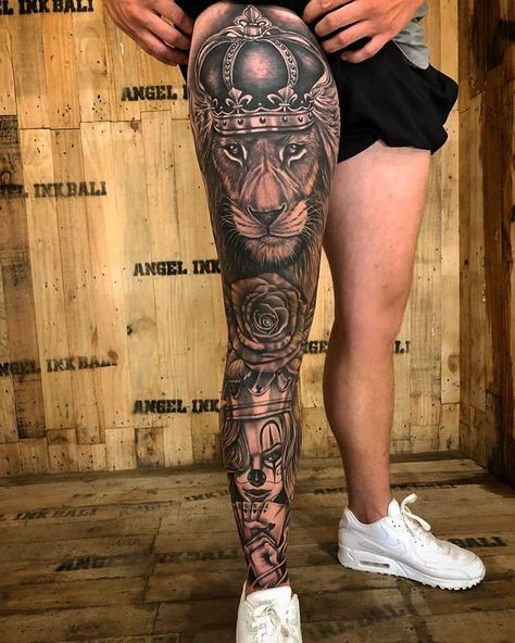 Man Leg Tattoo, Lion Leg Tattoo, Leg Tats, Best Leg Tattoos, Shin Tattoo, Full Leg Tattoos, Lion Head Tattoos, Men Tattoos Arm Sleeve, Leg Tattoo Men