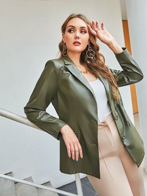 SHEIN Plus Flap Detail PU Leather Blazer Plus Size Blazers, Fall Plus Size, Plus Size Blazer, Plus Size Suits, Leather Blazer, Amazing Products, Olive Green, Duster Coat, Pu Leather