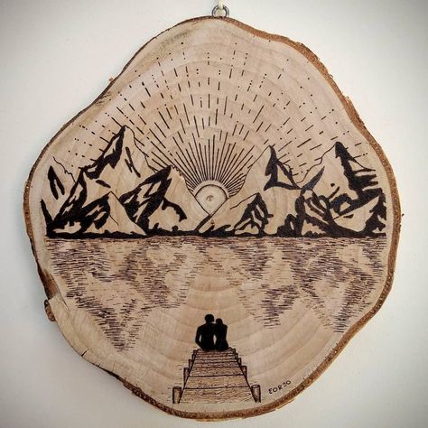 Pyrography Trees And Mountains, Wood Burn Tree Design, Woodburn Mountains, Wood Burning Ideas Mountains, Mountains Wood Burning, Wood Burn Mountains, Woodburning Art Ideas, Wood Burned Mountains, Pyrography Mountains