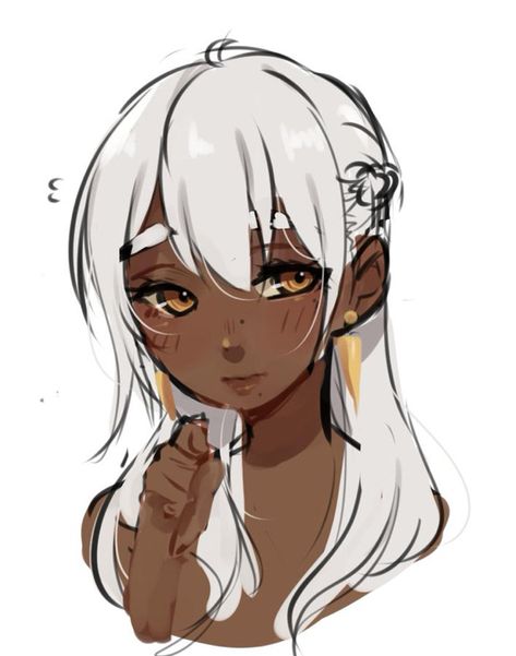 Black Female Oc With White Hair, Dark Skinned Character Art, White Hair Dark Skin Character Design, Dark Skin Light Hair Character Design, Dark Skin Character Art, Dark Skinned Character Design, Tan Skin Character Design, Dark Skin White Hair Character Art, Dark Skin Character Design