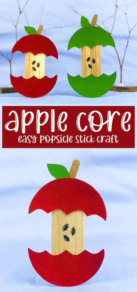 Apple Core Craft from Popsicle Sticks Popsicle Stick Apple Craft, Apple Core Crafts Preschool, Things To Build With Popsicle Sticks, Apple Core Craft, Crafts For Kids With Popsicle Sticks, Apple Crafts For Adults, Easy Apple Crafts, Paper Apple Craft, Crafts Popsicle Sticks