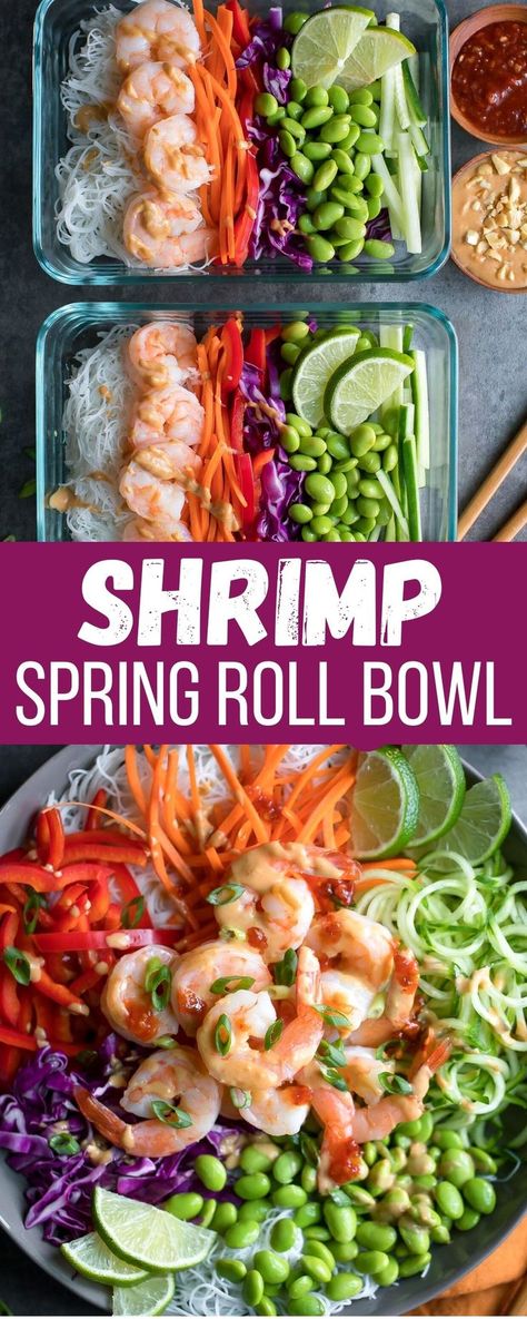 spring roll bowls with shrimp and peanut sauce Spring Roll Meal Prep, Shrimp Roll In A Bowl, Rice Noodle Bowls Healthy, Spring Roll Rice Bowl, Rice Noodle Meal Prep, Rice Noodle Bowl Recipes, Spring Roll Bowl Recipe, Spring Rolls In A Bowl, Spring Roll In A Bowl Recipe