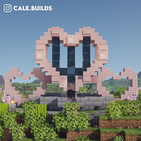 three hearts fountain Heart Fountain Minecraft, Minecraft Crescent Moon, Heart Nether Portal Minecraft, Minecraft World Themes, Minecraft Curved Staircase, Cute Minecraft Decorations, Minecraft Couple Ideas, Minecraft Moon House, Minecraft Wonderland