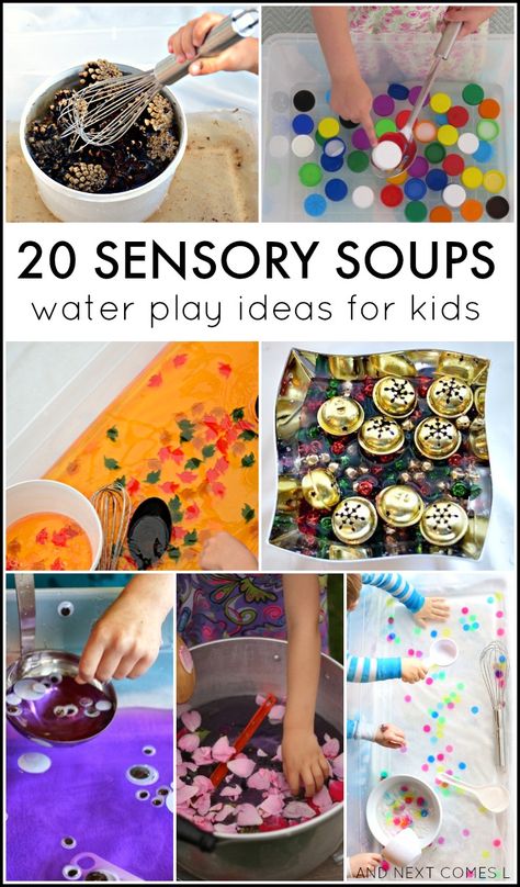 20 water sensory soup ideas for toddlers and preschoolers from And Next Comes L Water Sensory Play, Sensory Table Ideas, Sensory Tubs, Sensory Activities For Kids, Preschool Sensory, Sensory Bin Ideas, Colored Water, Sensory Play Ideas, Soup Ideas