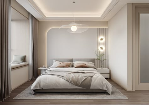 Korean Modern Bedroom, Korean Master Room, Korean Bedroom Luxury, Modern Bedroom Behance, Bedroom Interior Design Neoclassic, Mid Century Style Bedroom, Ceiling Light Ideas, Tile Ceiling, False Ceiling Bedroom