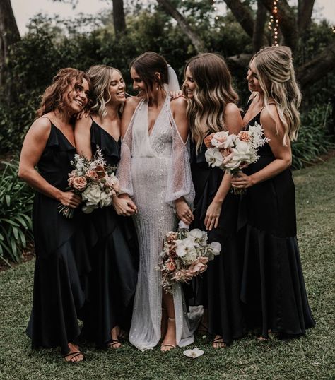 Bride Goals @phiddle 🤩 Captured by the insanely talented couple @rabbitandthebear_weddings at the most magical venue @gabbinbarhomestead… Black Satin Bridesmaid Dresses, Bridesmaid Dresses For Fall, Black Satin Bridesmaid Dress, Black Chiffon Bridesmaid Dresses, Effortless Updo, Burgundy Chiffon Bridesmaid Dresses, Bride Maids, Fall Winter Wedding, Dresses For Fall