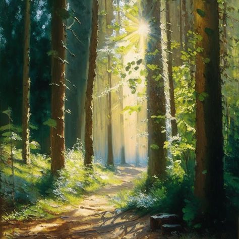 Nature Paintings Acrylic Forest, Path In The Woods Painting, Woods Oil Painting, Morning Forest Wallpaper, Woodland Forest Painting, Mural Nature Painting, Spring Reference Photos, Forest Creek Painting, Forest Matte Painting