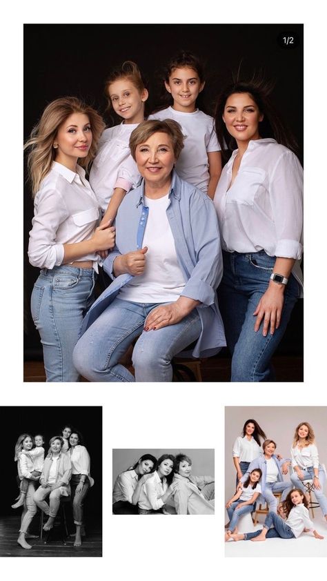 Mom And 4 Kids Photoshoot, Big Family Photoshoot, Family Generation Photography, Photoshoot Studio Ideas, Mother Daughter Photography Poses, Generation Pictures, Generations Photography, Studio Family Portraits, Family Photo Studio