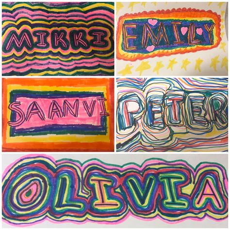 Rainbow names: teacher prints in sharpie, students outline in magic marker. Neon Name Painting, Teacher Prints, Grafitti Name Art Project, Crayon Names Diy, Rainbow Write Name, Art Teacher Name Signs, First Grade Crafts, Rainbow Names, Outline Art