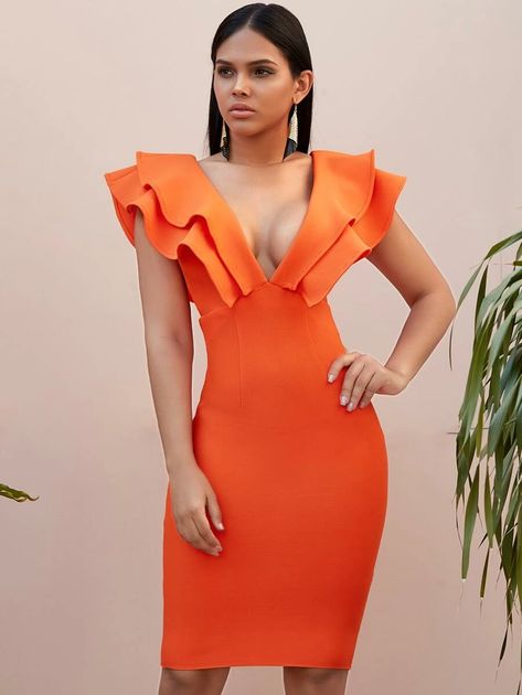 Layered Ruffle Dress, Summer Orange, Deep V Neck Dress, Bodycon Dress Online, Bandage Midi Dress, Sleeveless Bodycon Dress, Club Dress, Solid Dress, Club Dresses