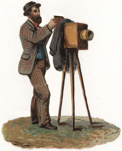 Photographer with View Camera - Victorian Die-cut Chromolithograph Scrap Old Fashioned Camera, Antique Cameras, Victorian Scrap, Corporate Photography, Cubicle Decor, At Wallpaper, Baby Portraits, Newsies, Back Together