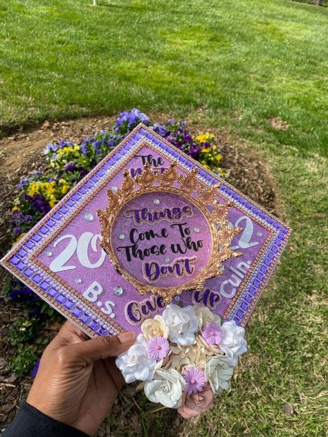 Graduation Cap Designs Early Grad, Glam Graduation Cap, Graduation Caps With Crowns, Decorate Caps For Graduation, Crown Cap Graduation, Crown Graduation Cap Ideas, Crown On Graduation Cap, Delayed But Never Denied Graduation Cap, Cybersecurity Graduation Cap