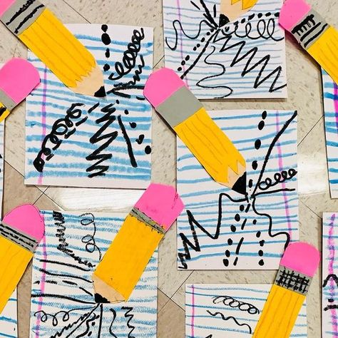 Keisha L. Casiano on Instagram: "Exploring the "Write" Way to Art!📝 Who knew a simple pencil could lead to a LINE-tastic adventure? 🤣 From straight-laced to curvy chaos, we've scribbled our way through it all with first grade 😄✏️✨ Project from my home girl @howgraythouart❤️😍 #arteducation #artteacher #elementaryartteacher #education #teachersofinstagram #weareteacher" Art Projects With Lines For Kids, Simple Kindergarten Art Projects, Pencil Art Preschool, Exploring Lines In Art, Second Grade Line Art Projects, Art Projects For 1st Graders, Line Art Project Kindergarten, First Grade Line Art Projects, 1st Grade Art Ideas