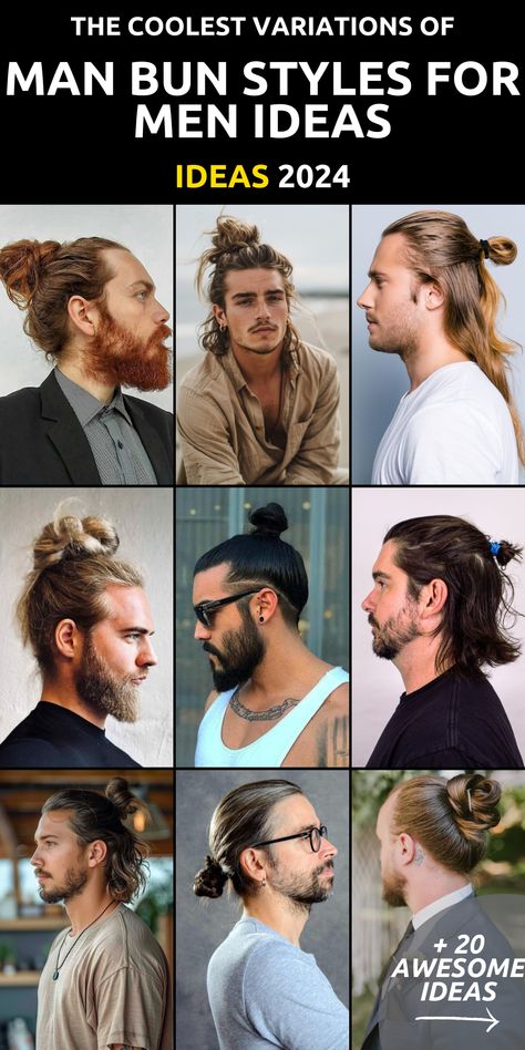 Check out these 20 Man Bun Styles for Men Ideas for 2024. From simple and sleek to bold and creative, there's a style here for every man. Whether you have long hair or are just starting to grow it out, these styles are perfect for adding some flair to your appearance. Get inspired and try out a new look today to elevate your style game and stand out from the crowd. Types Of Hair Bun, Man Bun Styles, Sleek Buns, Braids With Fade, Braided Man Bun, Half Bun Hairstyles, Short Afro Hairstyles, Buzz Cut Hairstyles, Man Bun Hairstyles