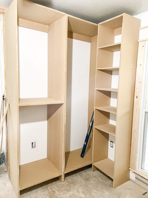 How To Build A Custom Walk-In Closet On A Budget: Part 1 How To Build A Corner Closet, Making A Walk In Closet, Corner Closet Diy, Small Walkin Closet Ideas Diy, Diy Closet System Walk In, Walk In Closet Ideas Diy Cheap, Diy Corner Closet, Closet Diy Build, Small Walkin Closet