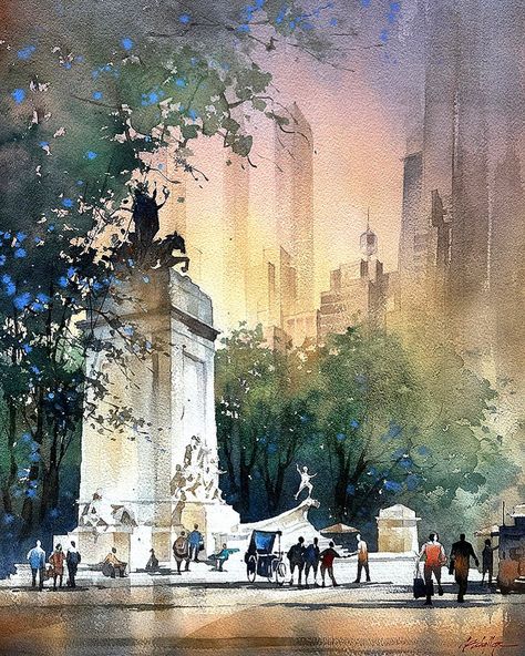 "On the Edges" (NYC) - by Thomas W. Schaller Thomas W Schaller, Thomas Schaller, Art Thomas, Floating City, Watercolor Architecture, Beach Watercolor, Watercolor Landscape Paintings, Watercolor Wall Art, Plein Air Paintings