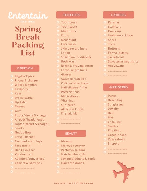 What To Pack For Vacation For A Week Spring Break, Spring Travel Packing List, College Spring Break Packing List, Spring Break Necessities, What To Pack For Spring Break In Florida, Destin Florida Packing List, South Carolina Packing List, Spring Break Checklist, Florida Packing List Carry On Bag