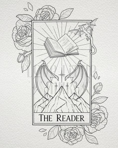 The Reader 📖🥀 this bookish tarot card is for the lovely Jessica who has an undying adoration for books & fantasy 🖤 the piece spans multiple series but you can tell what their favorites might be! #bookish #tarottattoo #acotar Tarot Book Tattoo, Fantasy Books Drawing, Bookish Tattoos Dragon, Fantasy Reader Tattoo Ideas, Line Work Book Tattoo, The Mother Tarot Card Tattoo, The Reader Tattoo Tarot, Acotar Tarot Card Tattoo, Disney Tarot Card Tattoo