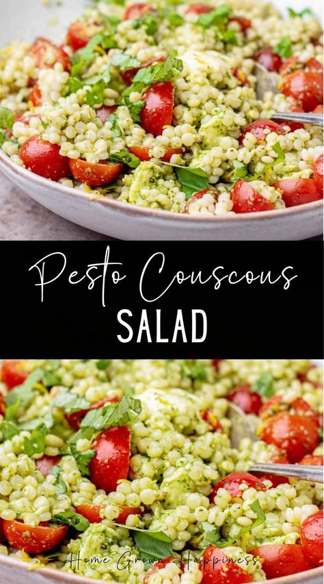 This fresh and vibrant pesto couscous salad uses basil pesto to bring a delicious flavor. It’s tossed with pearl couscous, cherry tomatoes, fresh mozzarella, pine nuts, and lemon. Pearl couscous, or Israeli couscous, is a versatile grain-like pasta that lends itself perfectly to salads. It has a unique, pleasant al-dente texture that pairs beautifully with vibrant, fresh flavors like pesto. Pesto Couscous, Pesto Salad Recipes, Vegetable Couscous Salad, Pearl Couscous Recipes, Roasted Vegetable Couscous, Pearl Couscous Salad, Couscous Salad Recipes, Vegetable Couscous, Salad Recipes Lunch