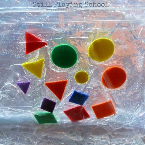 Our kids love sensory play ! We're learning shapes so we created a sensory squish bag with triangles, circles, and squares. It's irresisti... Shapes Lessons, Learn Shapes, Sensory Bag, Sensory Bags, Teaching Shapes, Toddler Classroom, Shapes Preschool, Foam Shapes, Learning Shapes