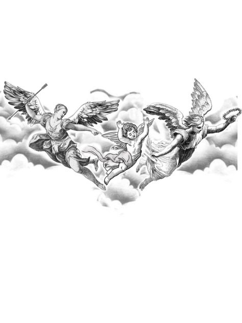 Greek Tattoos Sleeve Men, Clouds And Angels Tattoo, Hercules Chest Tattoo, Men Neck Tattoo Stencil, Chest Tattoo Men Ideas Cross, 4 Angels Tattoo, Greek God Chest Tattoo, Cherub Art Tattoo, Black And White Tattoo Stencil