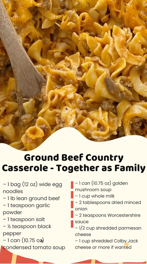 Ground Beef Country Casserole is packed with all your favorite comfort foods. Tomato, mushrooms, creamy sauce, ground beef, and egg noodles. Ground Beef Country Casserole, Ground Beef With Egg Noodles, Spaghetti With Egg Noodles, Noodles And Ground Beef Recipes, Hamburger Noodle Casserole Recipes, Ground Beef And Egg Noodle Recipes, Egg Noodles And Ground Beef, Beef And Egg Noodles, Beef And Noodle Casserole