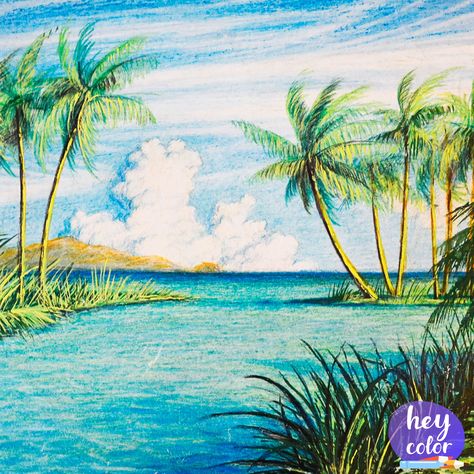 Beach Drawing Pencil Colour, Colored Pencil Beach Scene, Beach Colored Pencil Drawing, Colored Pencil Lessons, Drawing Tricks, Pencils Color, Colored Pencil Art Projects, Watercolor Pencil Art, Summer Drawings