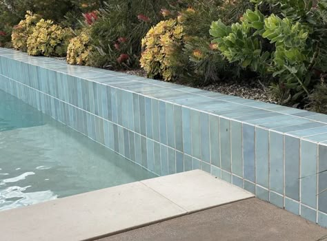 Pool Waterline Tile, Pool Waterline, Waterline Tile, Pool Patio Designs, Inground Pool Landscaping, Pool Pavers, Falling Waters, Patio Plans, Swimming Pool Tiles