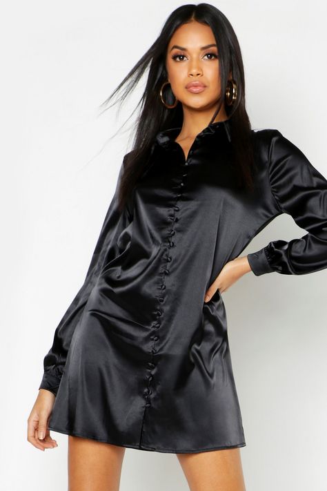 Satin Self-Fabric Button Shirt Dress | boohoo Cherry Blossom Night, Satin Shirt Outfit, Sleepwear Women Nightwear, Satin Pajama Sets, Black Satin Shirt, Outfit Baddie, Satin Nightie, Satin Nightgown, Satin Bluse