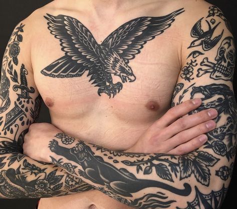 Paul Dobleman, Traditional Back Tattoo, Traditional Chest Tattoo, Eagle Chest Tattoo, Traditional Tattoo Man, American Traditional Sleeve, Traditional Eagle Tattoo, Traditional Black Tattoo, Traditional Tattoo Flash Art