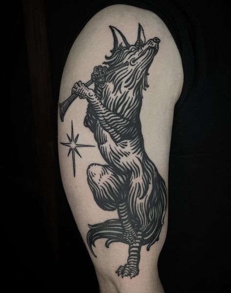 Matching Medieval Tattoos, Fursona Tattoo, Trad Wolf Tattoo, Tattoo Sleeve Animals, Woodblock Tattoo, Coyote Tattoo, Werewolf Tattoo, Sheep Tattoo, Illusion Tattoos