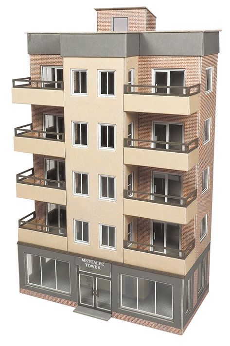 A half or low relief modern era apartment block, a perfect back scene for your layout. Combine two kits back to back for … Apartment Building Reference, Sims Town Layout, Apartment Layout Bloxburg, Apartment Building Layout, Bloxburg Apartment Exterior, Sims 4 Apartment Building, Bloxburg Apartment Layout, Buildings Reference, Apartment Building Exterior