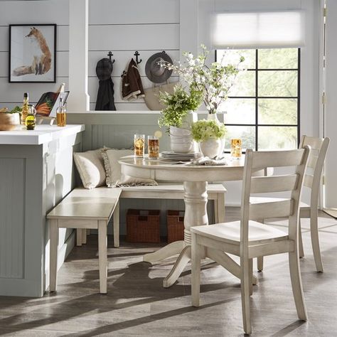 Bench Dining Table Against Wall, Breakfast Nook Furniture, Kitchen Nook Table, Nook Furniture, Breakfast Nook Set, Nook Dining, Breakfast Nook Table, Ladder Back Dining Chairs, Breakfast Nook Dining Set