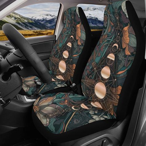 Forest Car Interior, Sage Green Car Seat Covers, Green Car Seat Covers, Retro Car Seat Covers, Skull Car Seat Covers, Back Seat Covers, Car Seat Cover Sets, Floral Moon, Gold Print