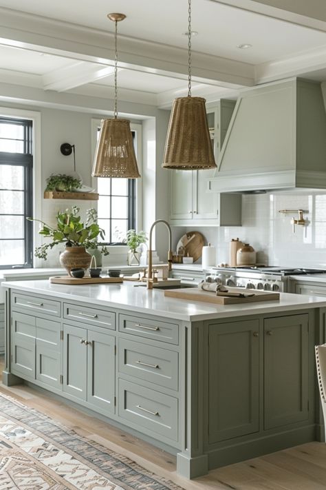 50+ Serene Kitchens with Sage Green Cabinets White And Light Green Kitchen, Sage Island Kitchen, Kitchen Green Cabinets, Sage Green Cabinets, Groovy Interiors, 2nd Kitchen, Green Kitchens, Green Kitchen Island, Sage Kitchen