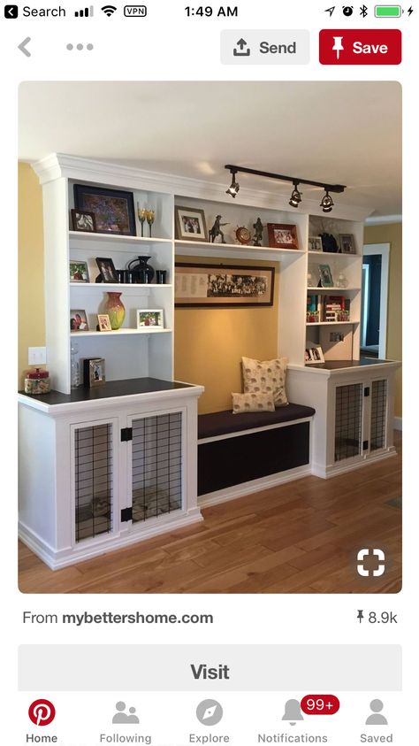 Corner Kennel Furniture, Built In Tv Wall Unit With Dog Kennel, Indoor Dog Space, Dog Creates Furniture, Large Dog Kennel Ideas Indoor, Pet Area In House, Garage Dog Kennel, Built In Dog Bed, Pets Room