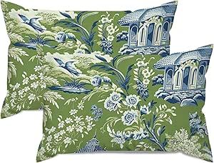 MISSUYSA Pagoda Garden Imperial Green Throw Pillow Cover Set of 2 Asian Chinese Lumbar Pillow Cover 16x24in Decorative Pillow Home Cotton Linen Chic Pillow Cover for Sofa Bedroom Car Couch Chinoiserie Chic Bedroom, Linen Chic, Car Couch, Green Chinoiserie, Thibaut Fabric, Pagoda Garden, Outdoor Cushion Covers, Green Throw, Chair Outdoor