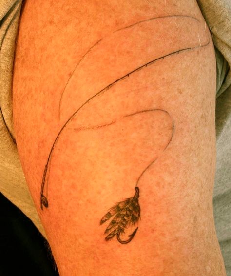 fly fishing tattoo by Traci Manley | New Rose Tattoo in Portland, OR Fish Hook Tattoos, Fly Fishing Tattoos, Best Fish To Eat, Fly Fishing Tattoo, Fishing Tattoos, Hook Tattoos, Fish To Eat, Parmesan Salmon, Fishing Tattoo