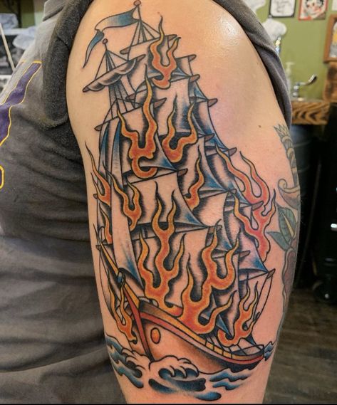 Burning Ship Tattoo, Ships Tattoo, Burn The Ships, Ship Tattoo, Flash, Tattoos, Ships