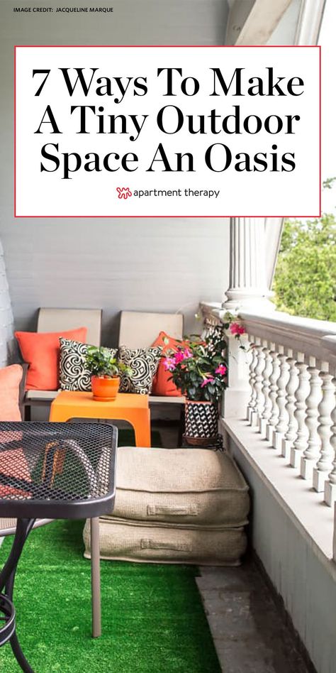 Here are 7 ways to turn your outdoor space into an oasis, even if it’s teeny tiny. #outdoors #outdoorspaces #balcony #balconyideas #patio #patioideas #backyard #backyardideas #patiodecor #patiofurniture #outdoorideas Patio Reading Nook Outdoor Spaces, Diy Balcony Seating, Balcony Sitting Ideas, Tiny Porch Ideas, Tiny Outdoor Patio Ideas, Deck Off Bedroom, Tiny Patio Ideas, Urban Patio, Suburban Backyard