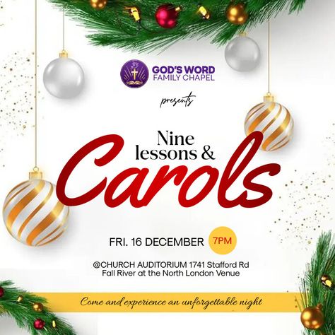 Carols Night Carols Night Flyer Design, Webinar Design, Flyer Design Layout, London Venues, Christmas Flyer, Church Poster, Church Graphic Design, Church Design, Christmas Theme