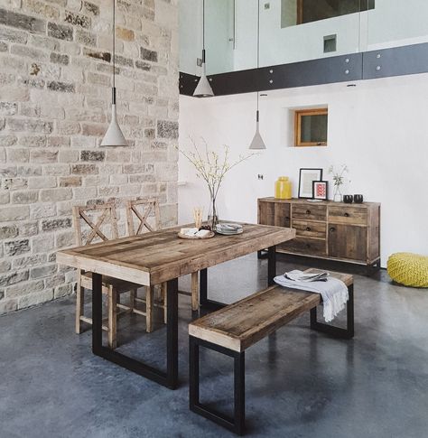 Wood Dining Table Set, 6 Seater Dining Table, Reclaimed Wood Dining Table, Industrial Dining Table, Wood Dining Room, Black Industrial, Vintage Dining Room, Industrial Interiors, Reclaimed Furniture